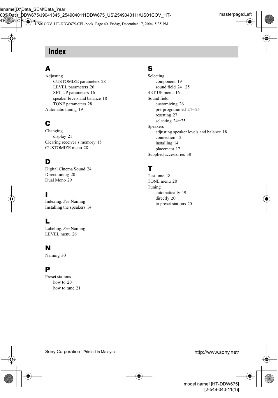 Index | Sony HT-DDW675 User Manual | Page 40 / 40