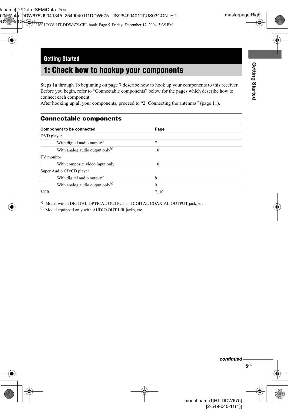 Getting started, Check how to hookup your components, Connectable components | D (s, A. <d q | Sony HT-DDW675 User Manual | Page 5 / 40