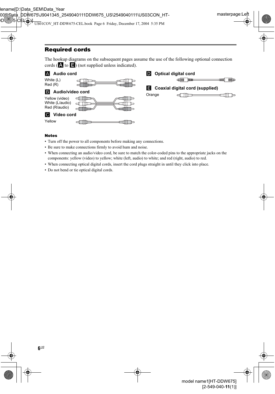 Required cords, Qffrih | Sony HT-DDW675 User Manual | Page 6 / 40