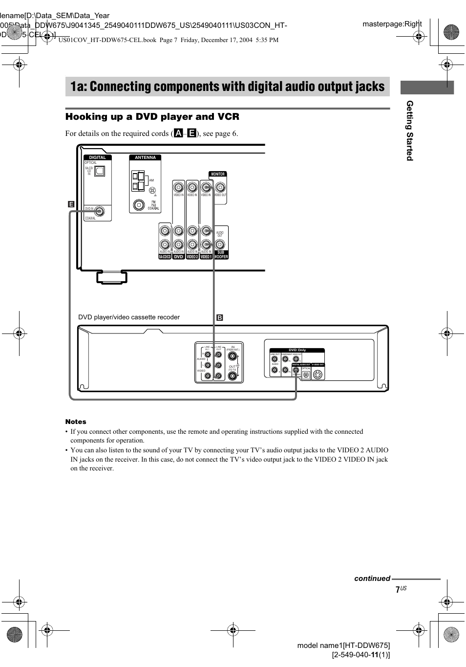 Hooking up a dvd player and vcr | Sony HT-DDW675 User Manual | Page 7 / 40