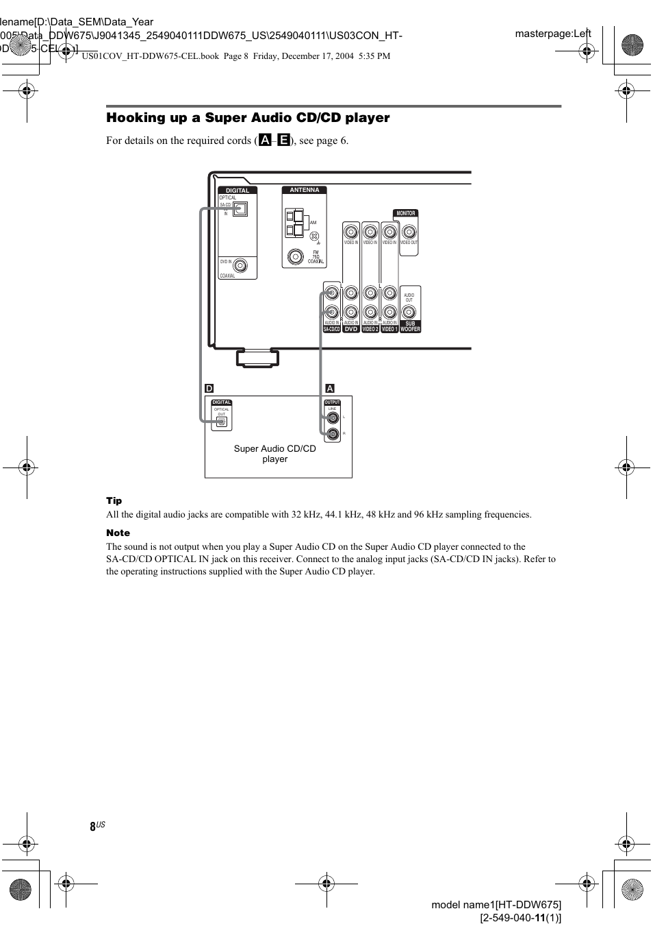 Hooking up a super audio cd/cd player | Sony HT-DDW675 User Manual | Page 8 / 40