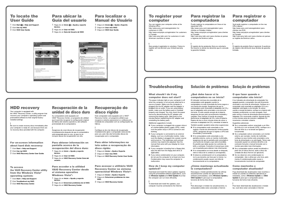 Para ubicar la guía del usuario, Hdd recovery, Recuperación de la unidad de disco duro | Para registrar la computadora, Troubleshooting, Solución de problemas, Para localizar o manual do usuário, Recuperação do disco rígido, Para registrar o computador, Solução de problemas | Sony VGN-NS150J User Manual | Page 2 / 2