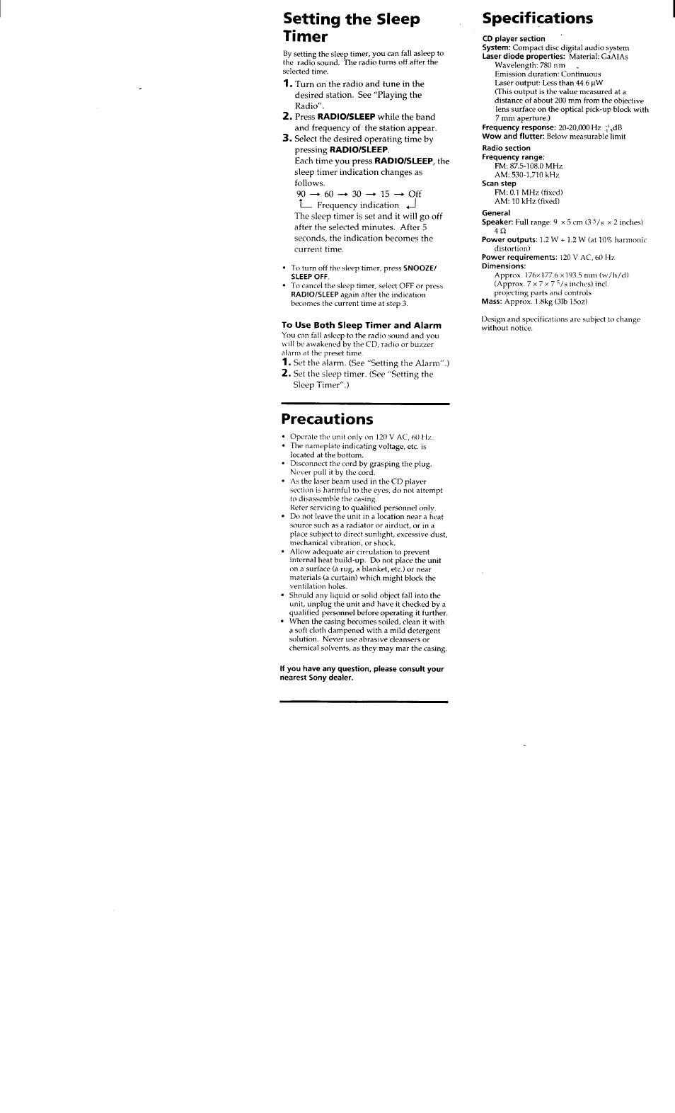 Setting the sleep timer, Specifications, Precautions | Sony ICF-CD833 User Manual | Page 11 / 12