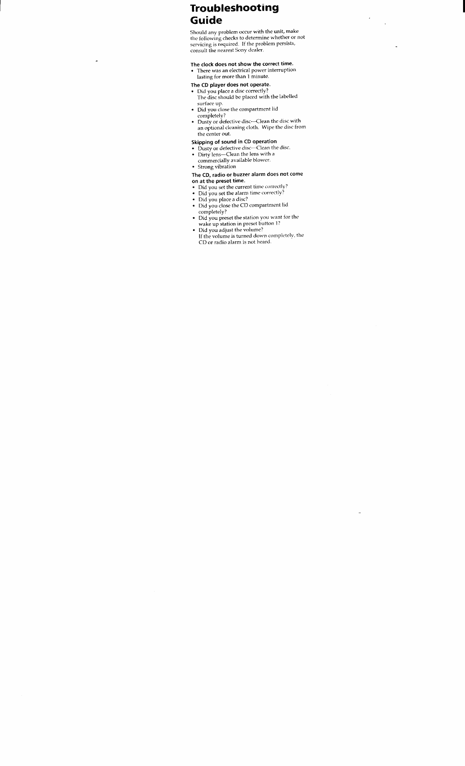 Troubleshooting, Guide, Troubleshooting guide | Sony ICF-CD833 User Manual | Page 12 / 12