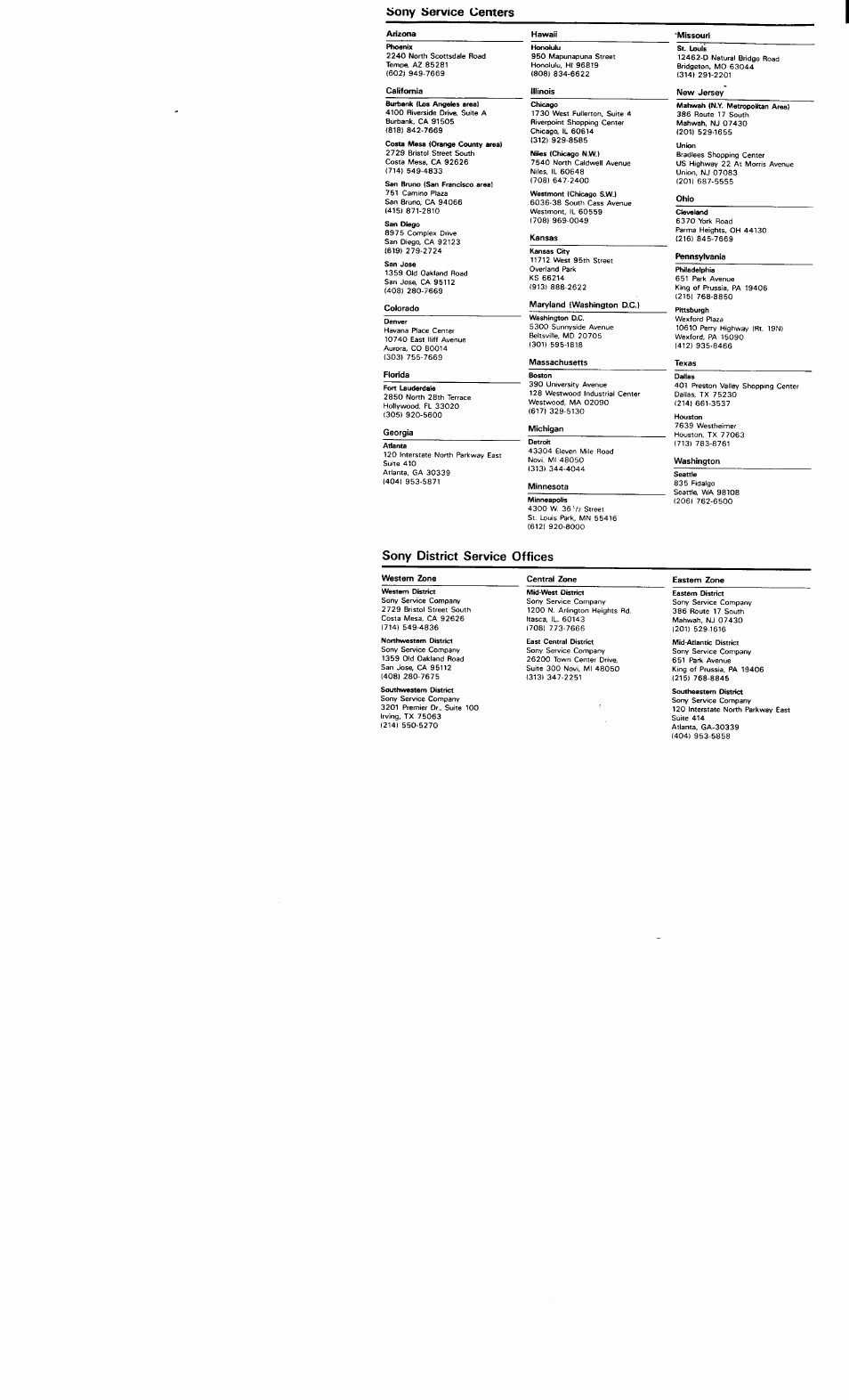 Ъопу üervice centers, Sony district service offices | Sony ICF-CD833 User Manual | Page 4 / 12