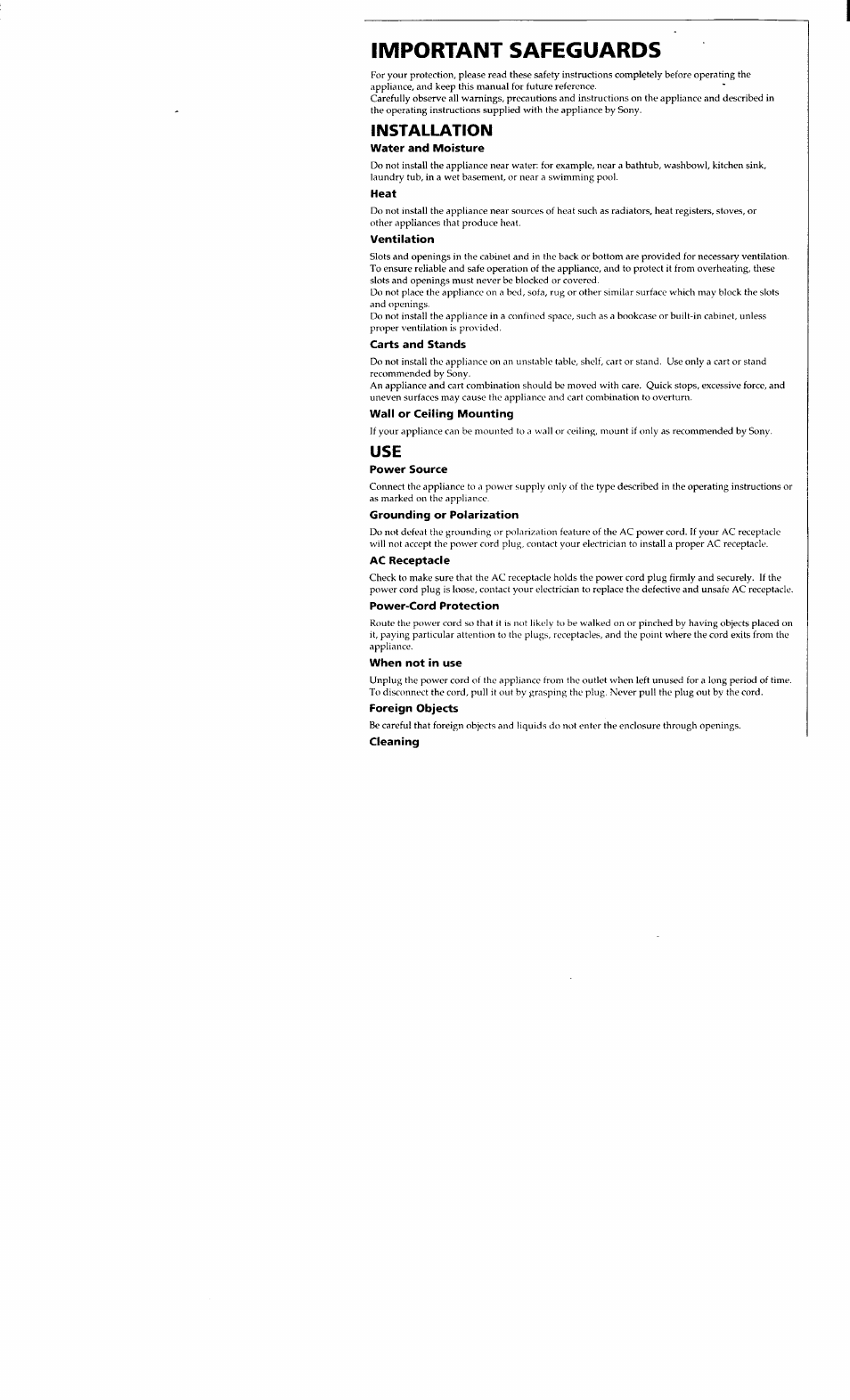 Installation, Important safeguards | Sony ICF-CD833 User Manual | Page 5 / 12