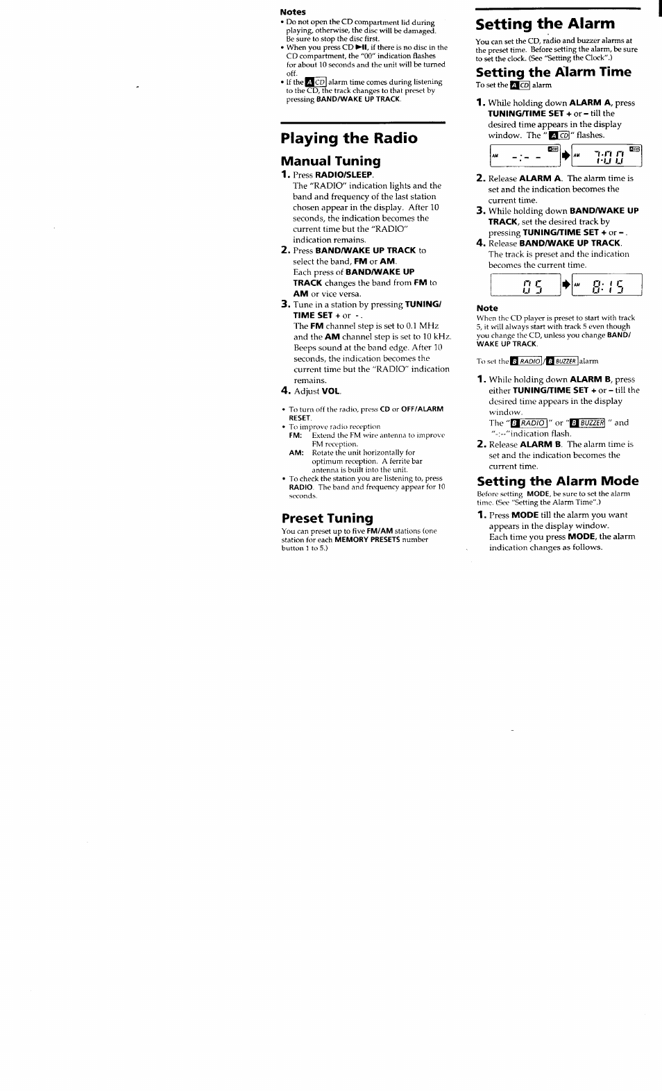 Playing the radio, Manual tuning, Preset tuning | Setting the alarm, Setting the alarm time, Setting the alarm mode | Sony ICF-CD833 User Manual | Page 9 / 12