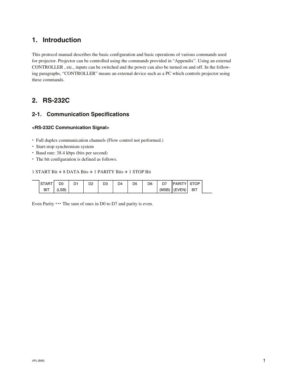 Introduction, Rs-232c, 1. communication specifications | Sony VPL-BW5 User Manual | Page 5 / 16