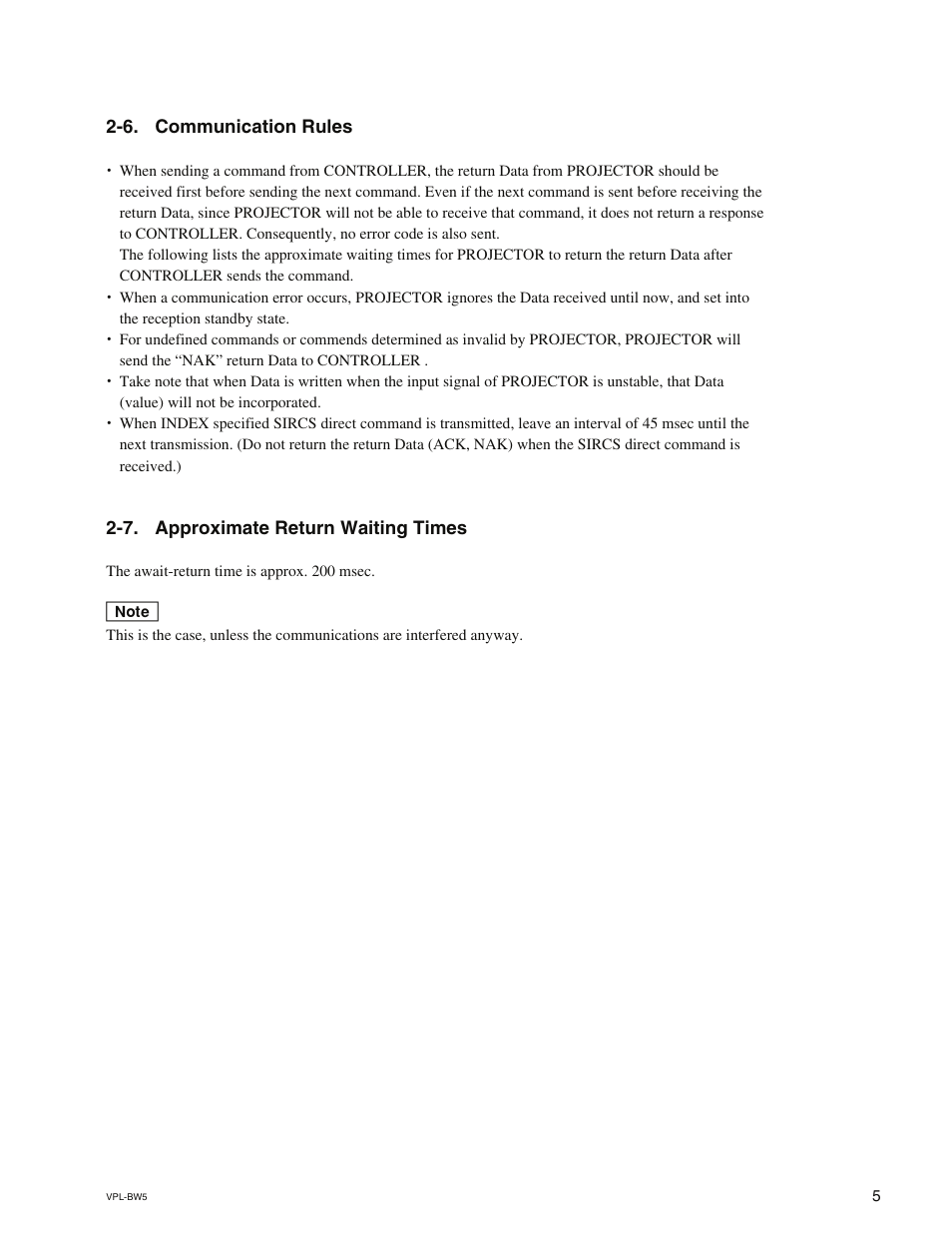 6. communication rules, 7. approximate return waiting times | Sony VPL-BW5 User Manual | Page 9 / 16