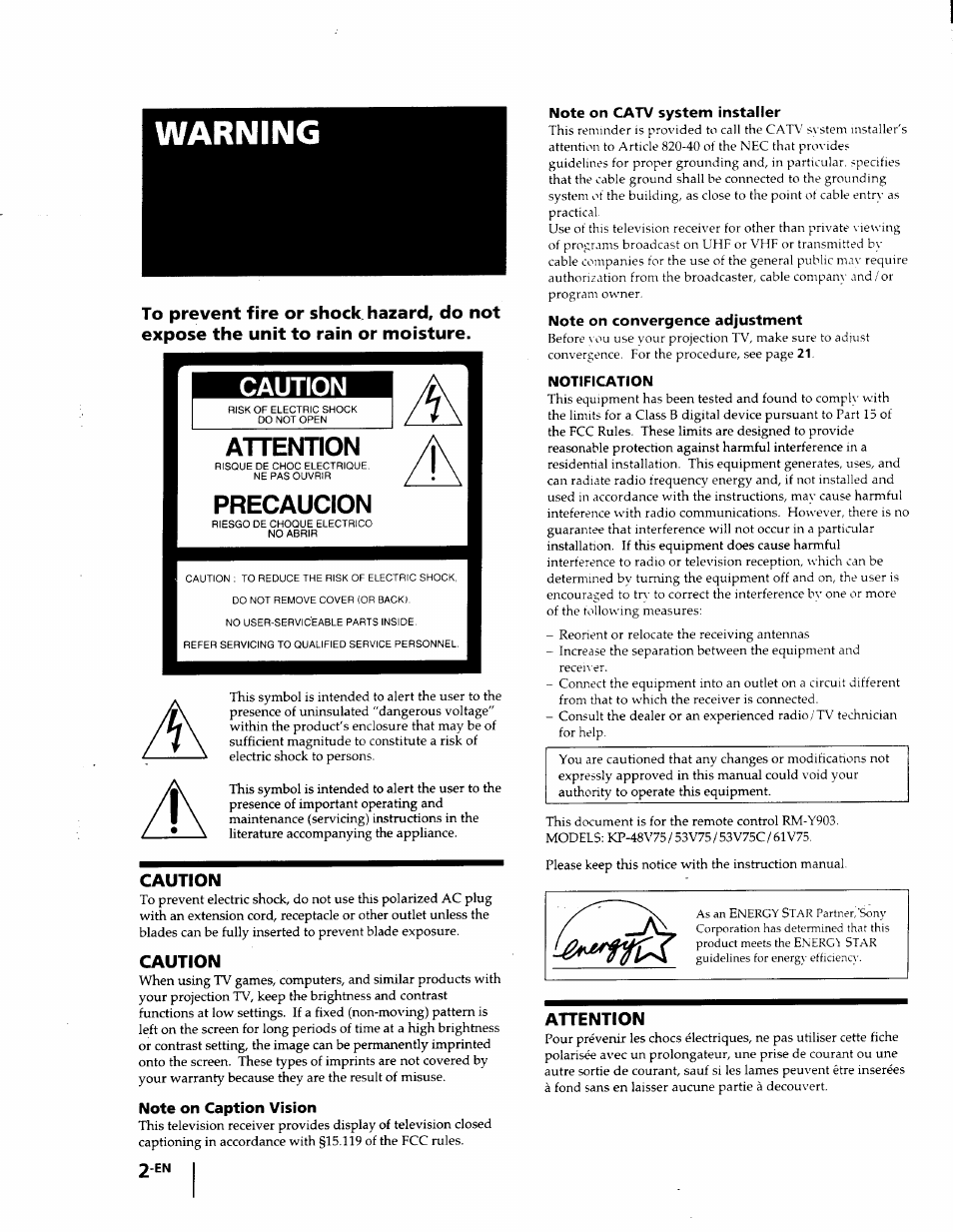 Warning, Caution, Note on caption vision | Note on catv system installer, Note on convergence adjustment, Notification, Attention, Precaucion | Sony KP-53V75 User Manual | Page 2 / 100