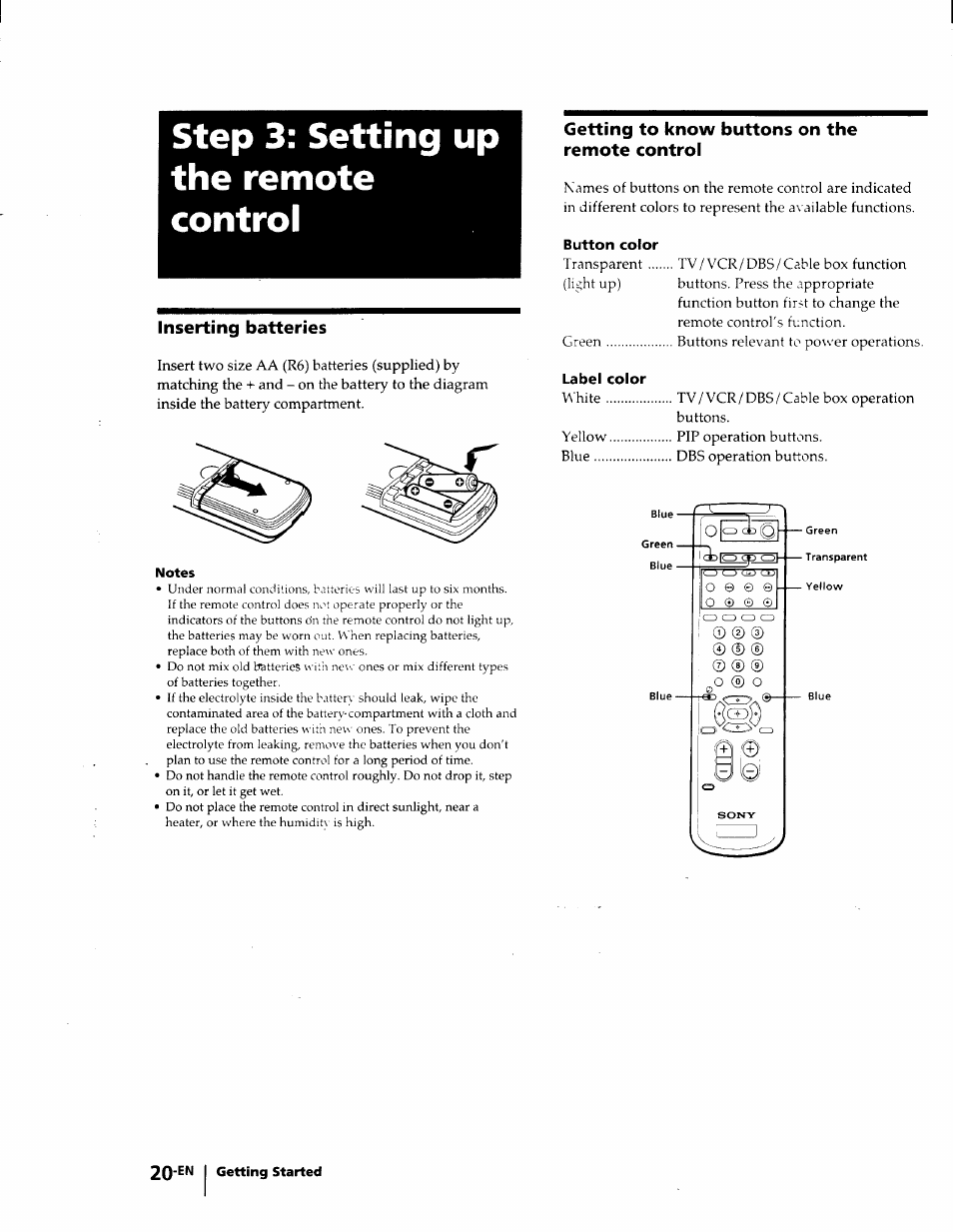 Step 3: setting up the remote control, Inserting batteries, Getting to know buttons on the remote control | Button color, Label color, O 0 e 0 o 0 © 0 | Sony KP-53V75 User Manual | Page 20 / 100