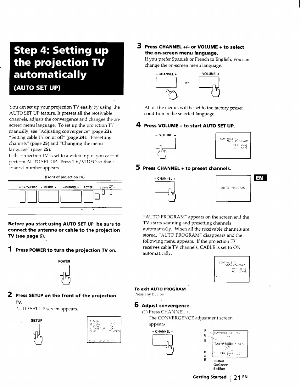 Step 4: setting up the projection tv automatically, Auto set up), 1 press power to turn the projection tv on | 2 press setup on the front of the projection tv, 4 press volume - to start auto set up, 5 press channel + to preset channels, 6 adjust convergence, Press setup, Press volume - to start auto set up, Press channel + to preset channels | Sony KP-53V75 User Manual | Page 21 / 100