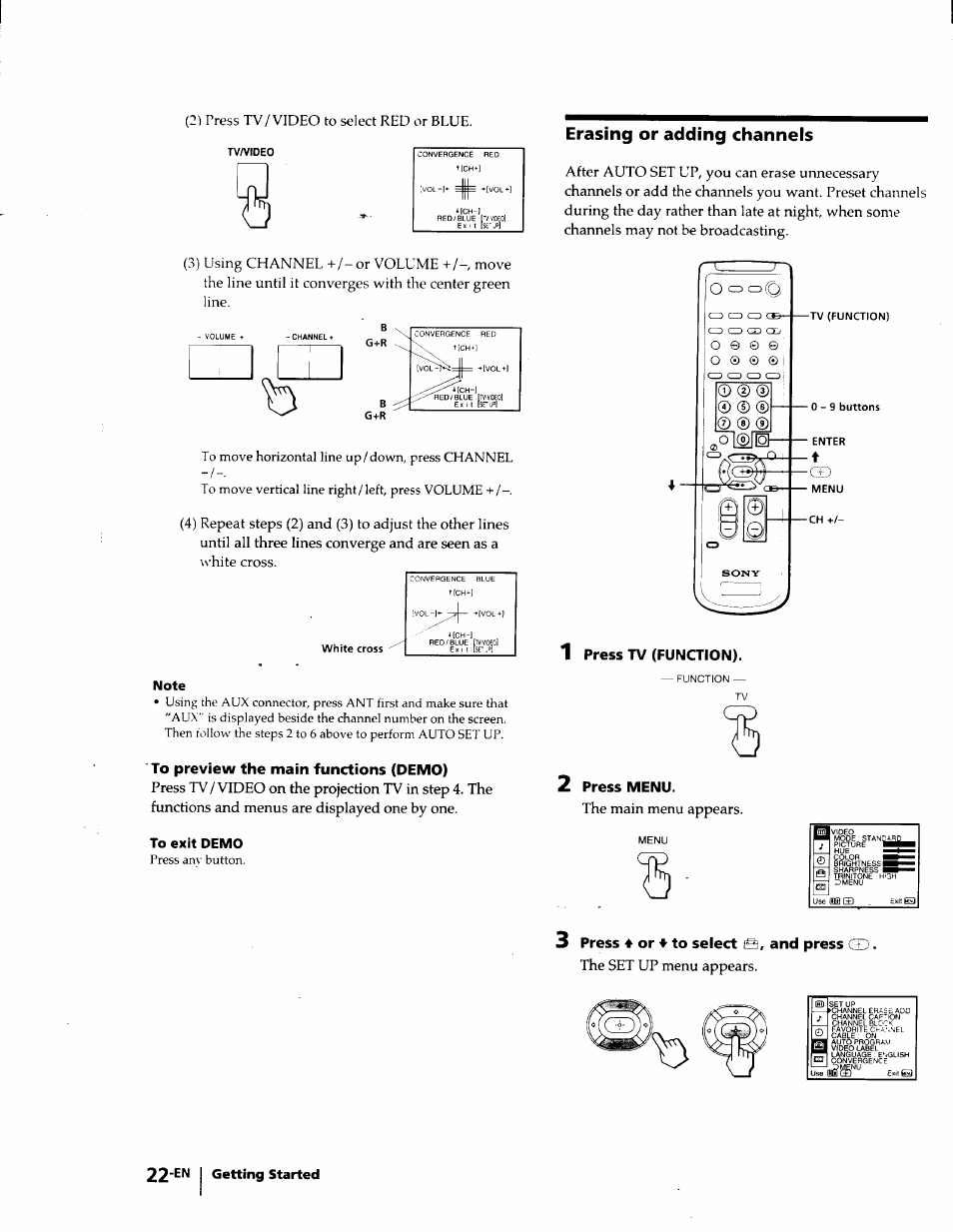 Erasing or adding channels, 1 press tv (function), To preview the main functions (demo) | 2 press menu, 3 press ♦ or ♦ to select e, and press gd, Press tv (function), Press menu, Press ♦ or ♦ to select e, and press gd | Sony KP-53V75 User Manual | Page 22 / 100