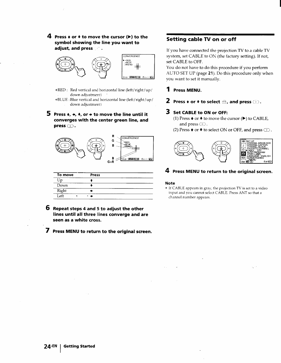 Setting cable tv on or off, 4 press 4 or to move the cursor, Press menu | Press 4 or 4 to select s, and press, Set cable to on or off, Press menu to return to the original screen | Sony KP-53V75 User Manual | Page 24 / 100