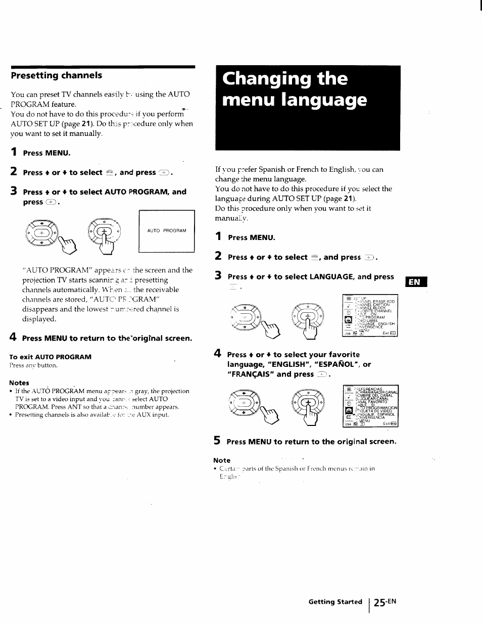 Presetting channels, 1 press menu, 2 press 4 or ♦ to select , and press gd | 4 press menu to return to the'original screen, Changing the menu language, 2 press 4 or 4 to select s, and press gi), 3 press 4 or 4 to select language, and press, Press 4 or 4 to select al/to program, and press, Press menu, Press 4 or 4 to select | Sony KP-53V75 User Manual | Page 25 / 100