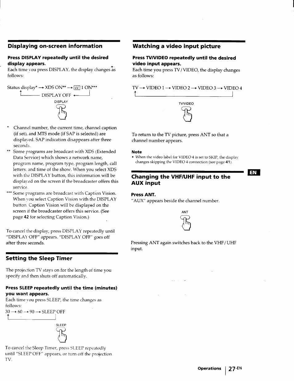 Displaying on-screen information, Watching a video input picture, Changing the vhf/uhf input to the aux input | Press ant, Setting the sleep timer | Sony KP-53V75 User Manual | Page 27 / 100