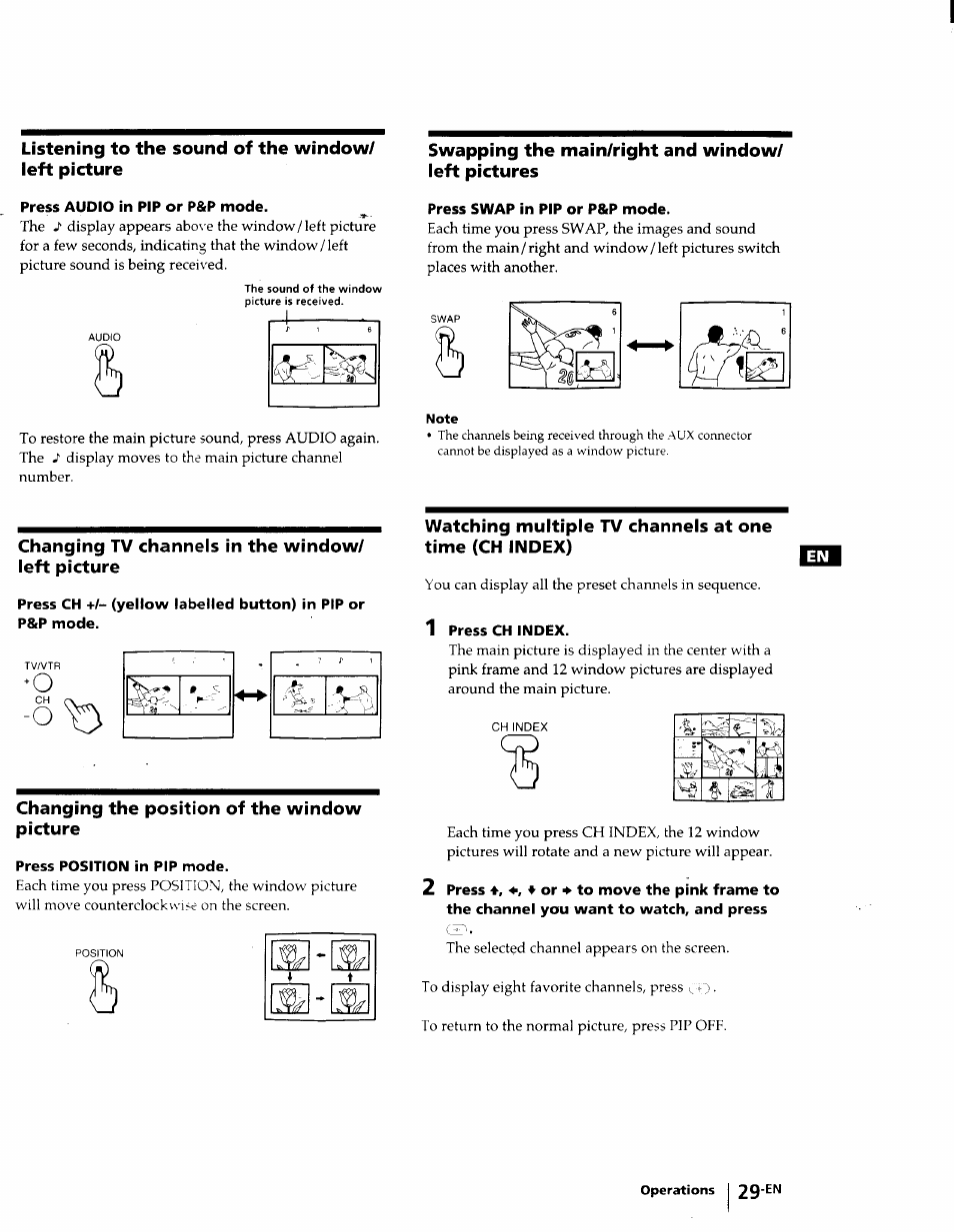 Press audio in pip or p&p mode, Press swap in pip or p&p mode, Press position in pip mode | 1 press ch index, 2 press or ♦ to move the pink frame to, The channel you want to watch, and press | Sony KP-53V75 User Manual | Page 29 / 100