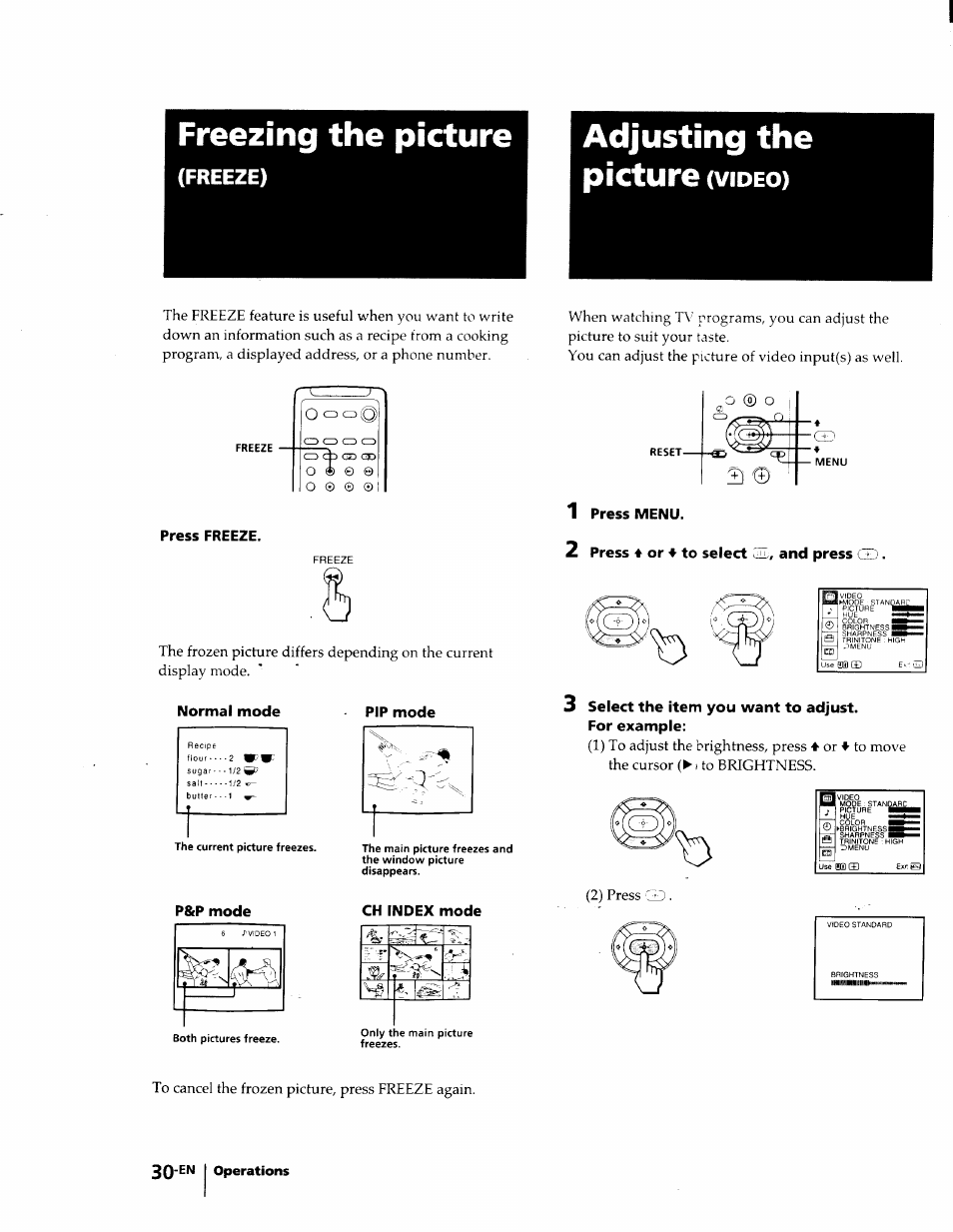 Freezing the picture, Freeze), Press freeze | Normal mode, Pip mode, P&p mode, Ch index mode, 1 press menu, 2 press ♦ or 4 to select gjt, and press, 3 select the item you want to adjust | Sony KP-53V75 User Manual | Page 30 / 100