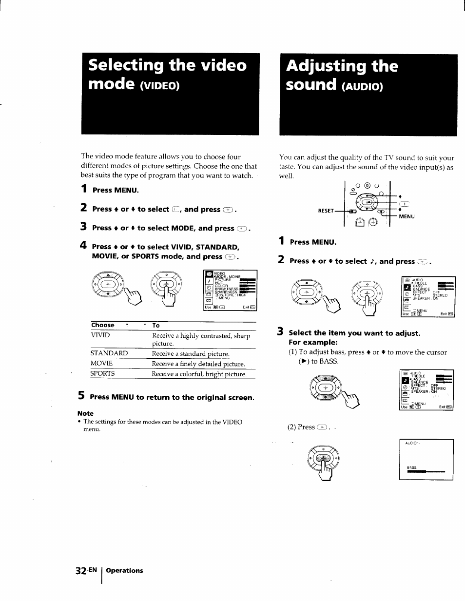 Selecting the video mode (video), 1 press menu, 2 press 4 or ♦ to select cc, and press cd | 3 press 4 or 4 to select mode, and press cd, 2 press 4 or 4 to select /, and press, 3 select the item you want to adjust, For example, Audio) | Sony KP-53V75 User Manual | Page 32 / 100