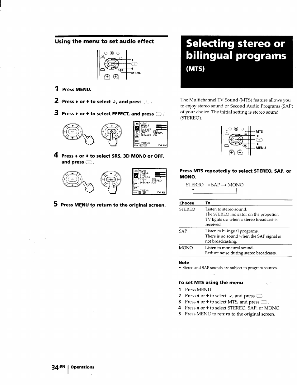 Using the menu to set audio effect, 1 press menu, 2 press 4 or ♦ to select and press | 3 press 4 or 4 to select effect, and press cd, And press cd, Selecting stereo or bilingual programs, Mts), To set mts using the menu, Press menu, Press 4 or ♦ to select | Sony KP-53V75 User Manual | Page 34 / 100