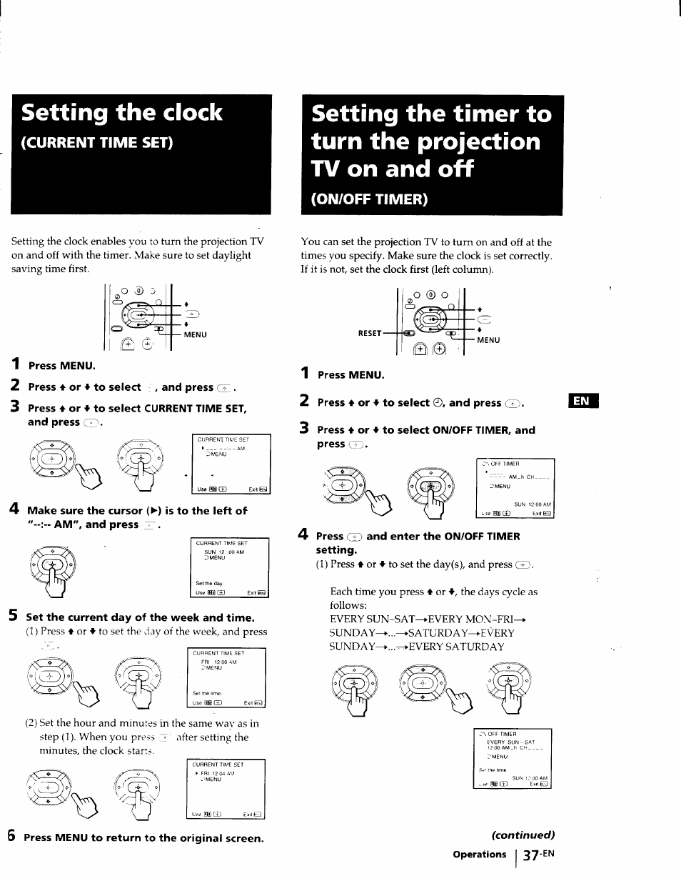 Setting the clock, Current time set), On/off timer) | 1 press menu, 2 press ♦ or ♦ to select : , and press ge, 5 set the current day of the week and time, 2 press ♦ or ♦ to select ©, and press (gg, 4 press gd and enter the on/off timer setting | Sony KP-53V75 User Manual | Page 37 / 100