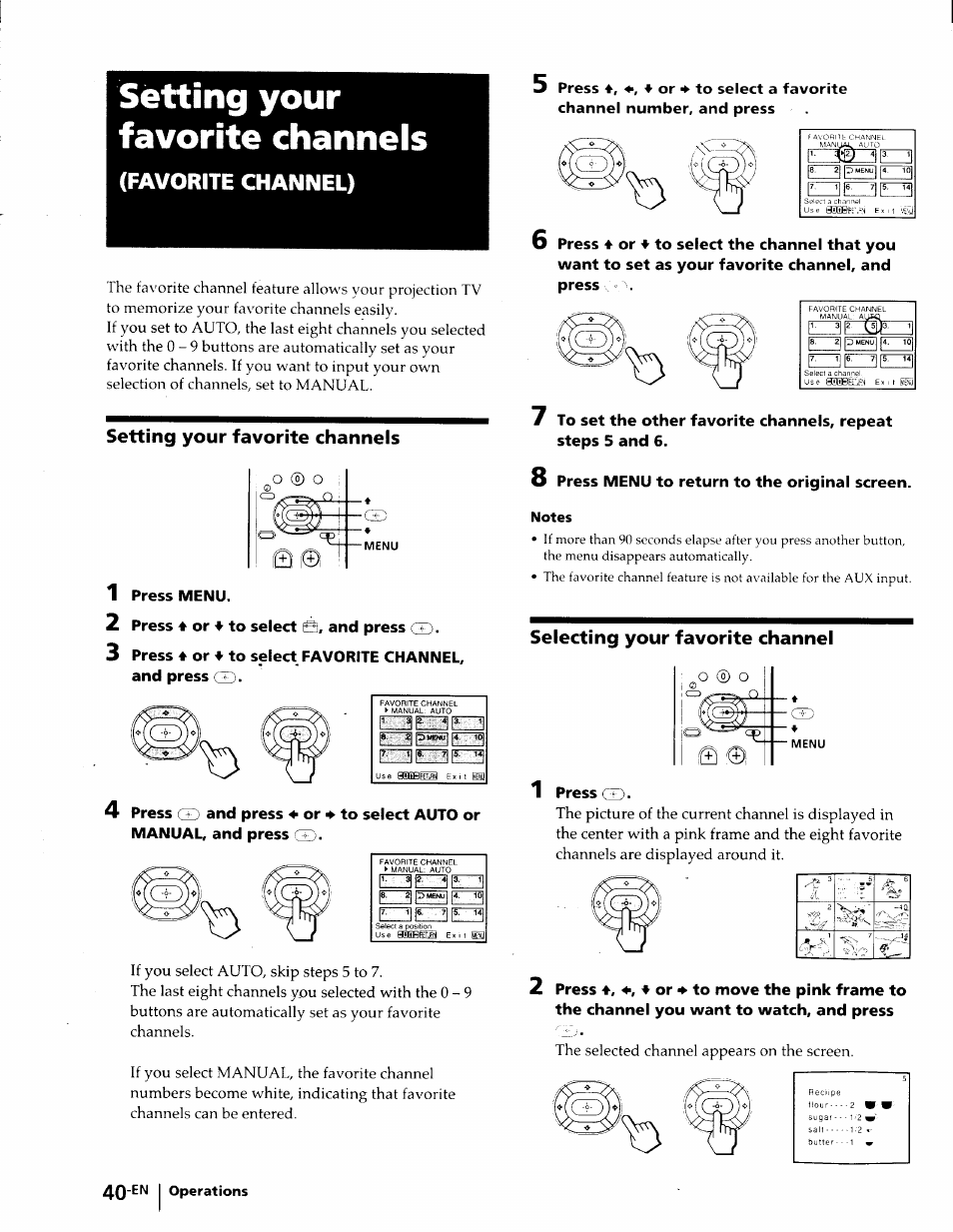 Setting your favorite channels, 1 press menu, 2 press ♦ or ♦ to select s, and press gd | 5 press 4, 4 or ♦ to select a favorite, Channel number, and press, Selecting your favorite channel, Press gd, Favorite channel), 4p ‘■if | Sony KP-53V75 User Manual | Page 40 / 100