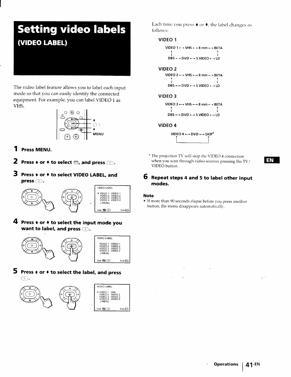 Setting video iabeis, Video label), Press menu | Press ♦ or ♦ to select s, and press cd, Press 4 or 'f to select video label, and press gd, 6 repeat steps 4 and 5 to label other input modes, Press 4 or 4 to select the label, and press | Sony KP-53V75 User Manual | Page 41 / 100