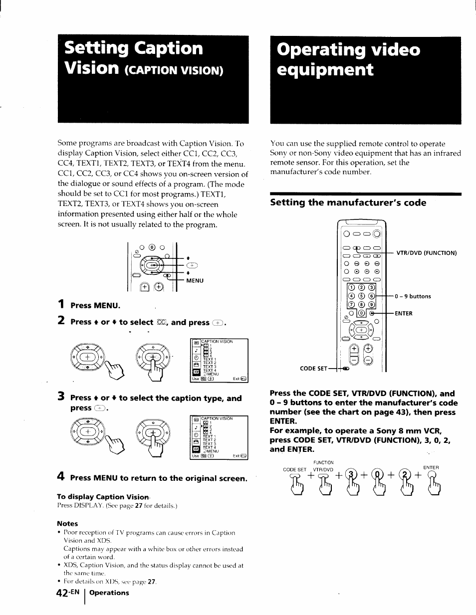 Setting caption, Operating video equipment, Setting the manufacturer's code | Setting caption vision, Caption vision) | Sony KP-53V75 User Manual | Page 42 / 100