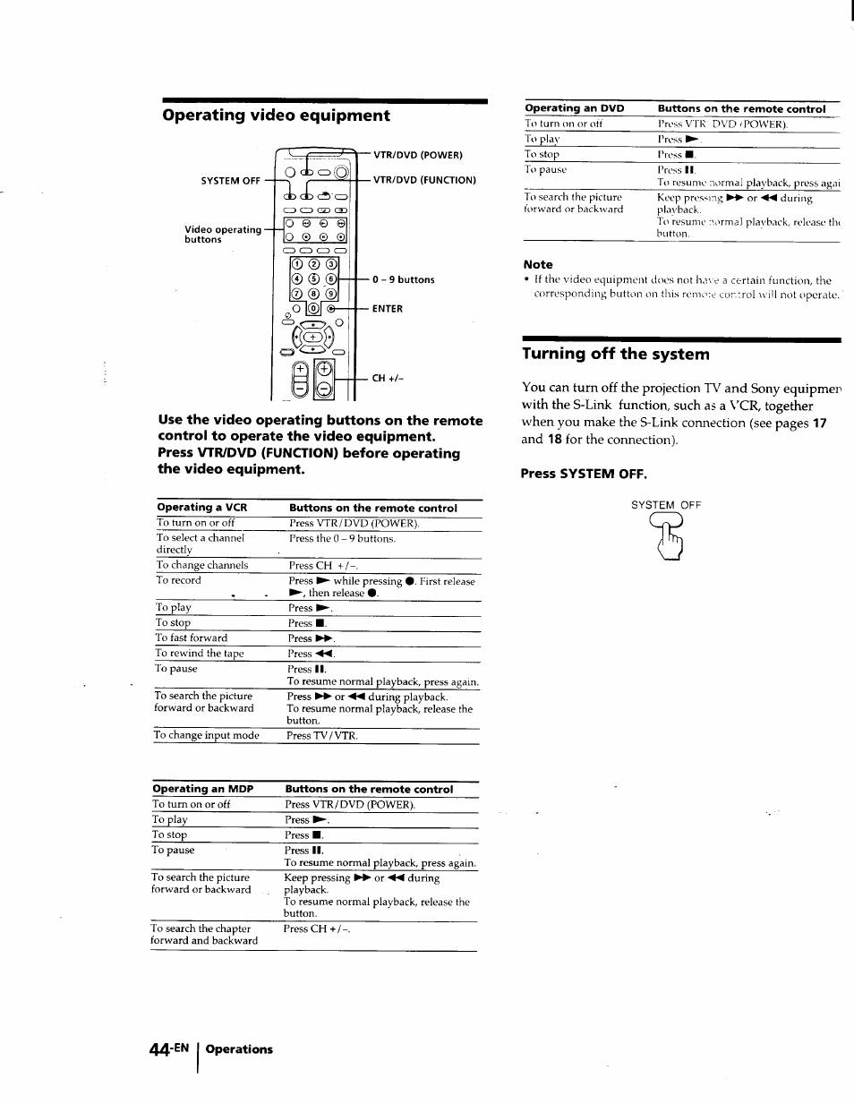 Operating video equipment, Turning off the system, Press system off | Sony KP-53V75 User Manual | Page 44 / 100