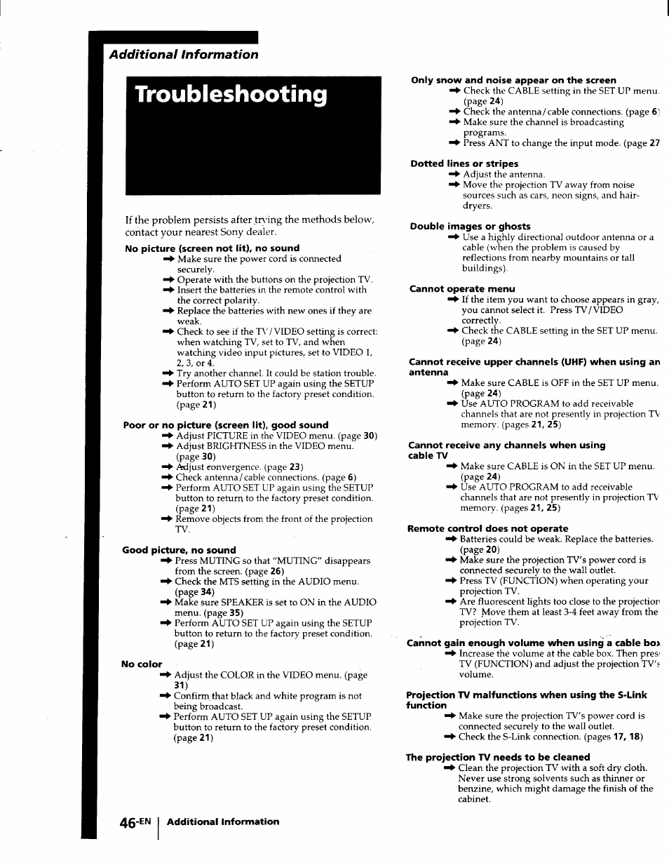 Troubleshooting | Sony KP-53V75 User Manual | Page 46 / 100