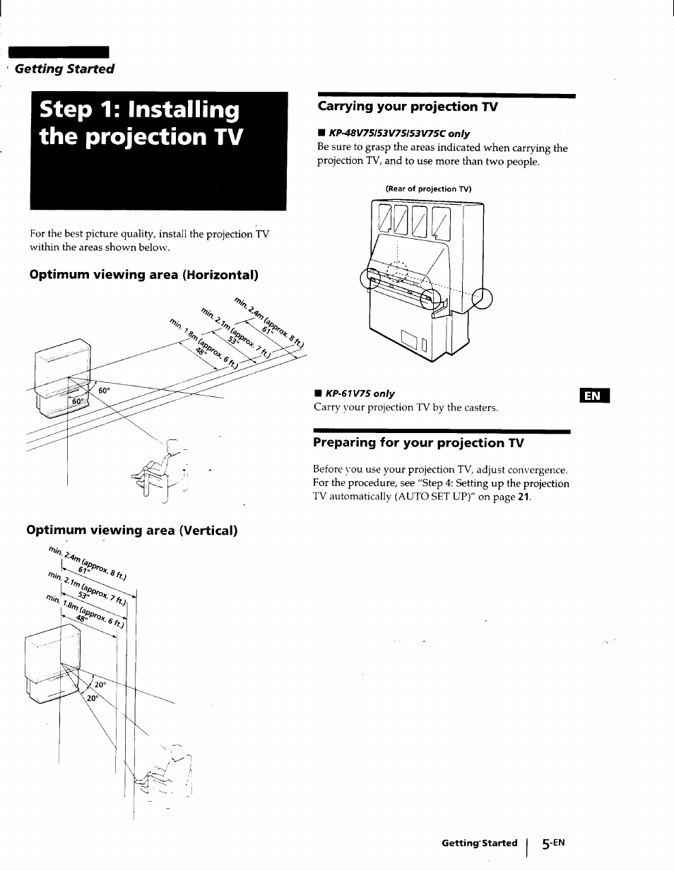 Step 1: installing the projection tv, Optimum viewing area (horizontal), Carrying your projection tv | Preparing for your projection tv, Optimum viewing area (vertical) | Sony KP-53V75 User Manual | Page 5 / 100