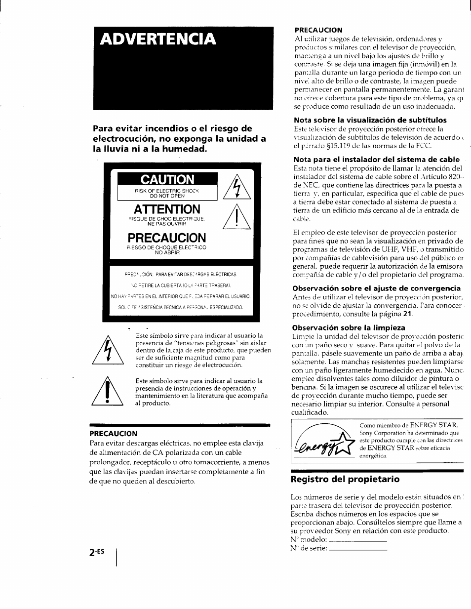 Precaucion, Nota sobre la visualización de subtítulos, Nota para el instalador del sistema de cable | Observación sobre el ajuste de convergencia, Observación sobre la limpieza, Registro del propietario, Advertencia, Caution, Attention | Sony KP-53V75 User Manual | Page 51 / 100