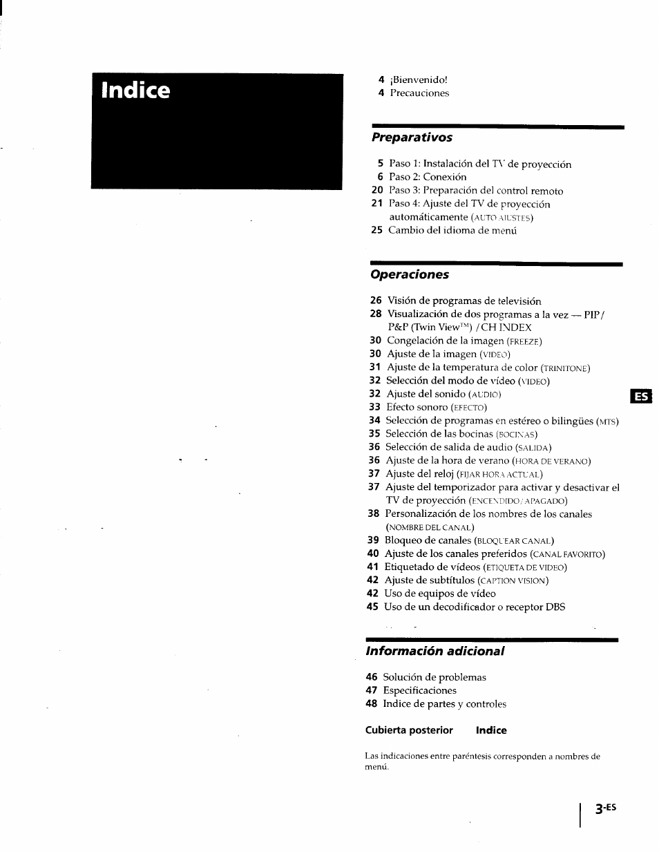 Cubierta posterior indice, Indice, Preparativos | Operaciones, Información adicional | Sony KP-53V75 User Manual | Page 52 / 100