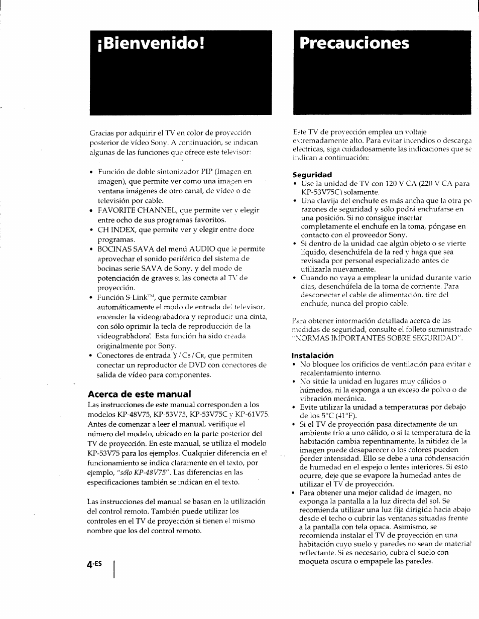 Bienvenido, Precauciones, Acerca de este manual | Seguridad, Instalación, Bienvenido! precauciones | Sony KP-53V75 User Manual | Page 53 / 100