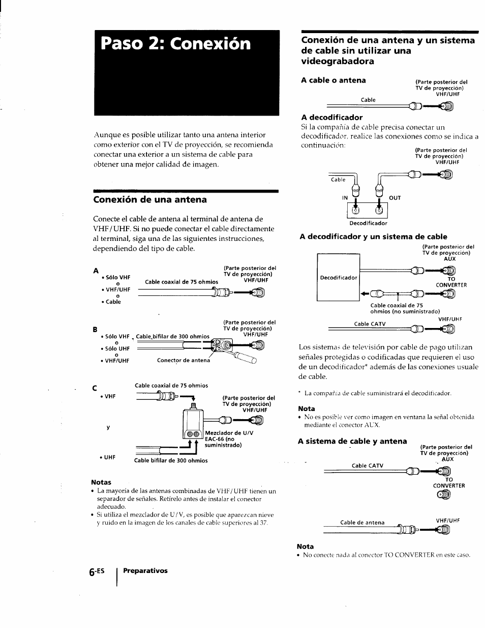 Paso 2: conexión, Conexión de una antena, A decodíficador | A decodificador y un sistema de cable, A sistema de cable y antena, Notas, Nota | Sony KP-53V75 User Manual | Page 55 / 100