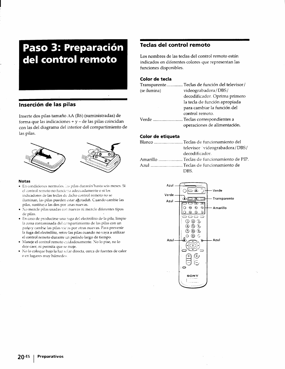 Paso 3: preparación del control remoto, Inserción de las pilas, Teclas del control remoto | Color de tecla, Color de etiqueta | Sony KP-53V75 User Manual | Page 69 / 100