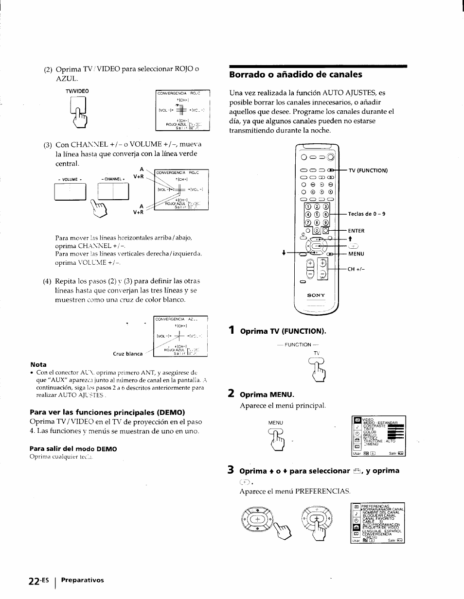 Borrado o añadido de canales, Para ver las funciones principales (demo), 1 oprima tv (function) | 2 oprima menu, 3 oprima 4 o 'f para seleccionar 3, y oprima, O © 0 | Sony KP-53V75 User Manual | Page 71 / 100