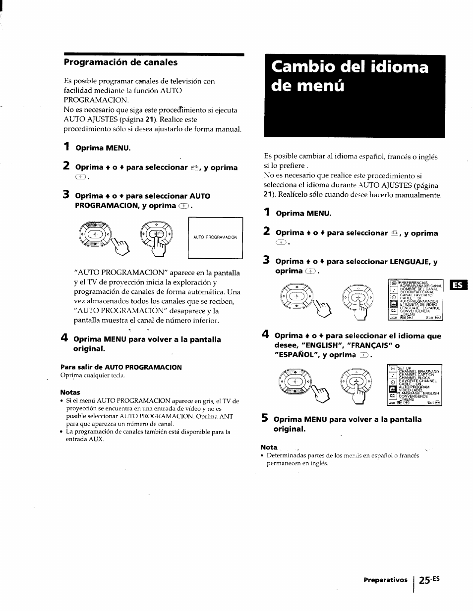 Programación de canales, Cambio del idioma de menú | Sony KP-53V75 User Manual | Page 74 / 100