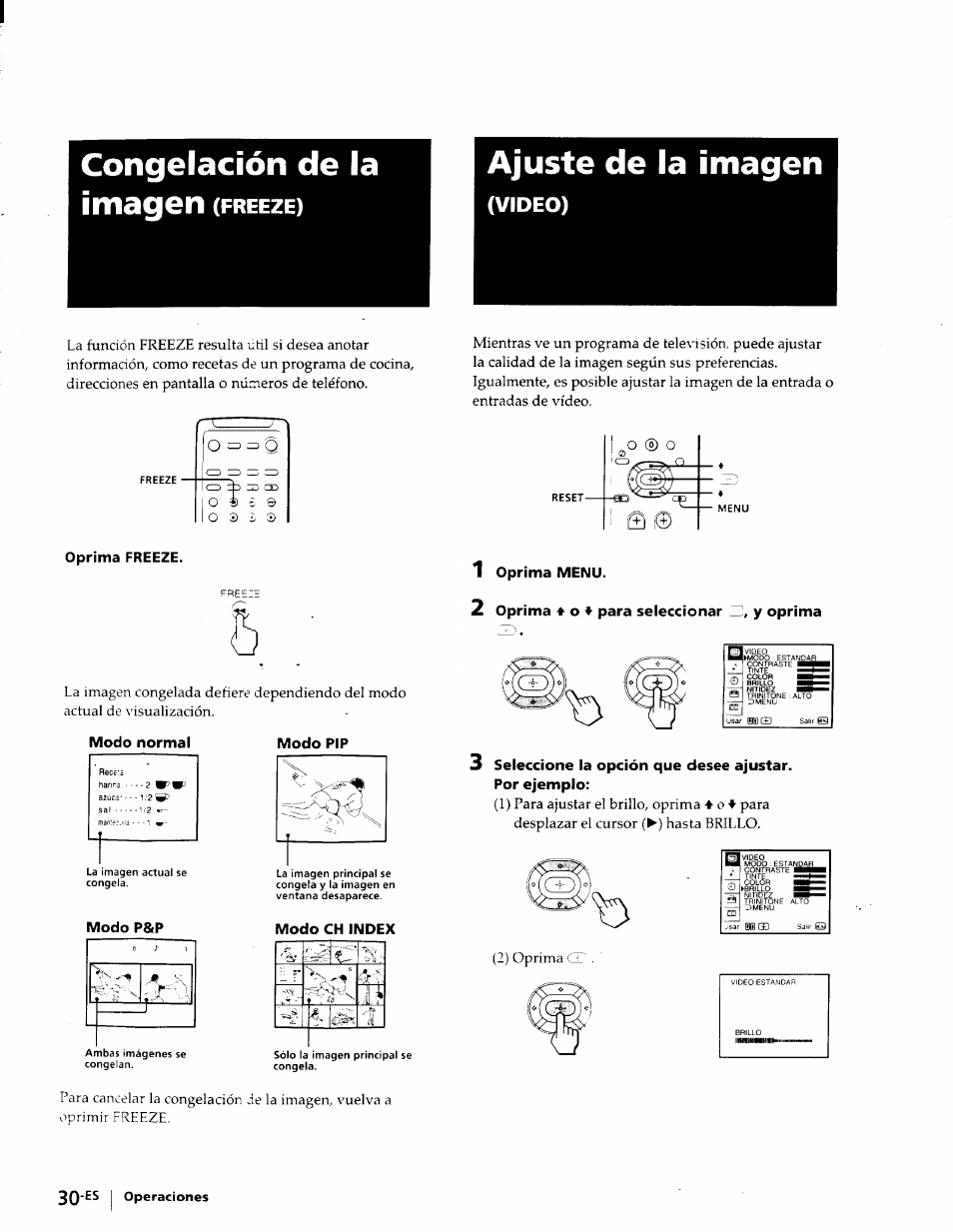 Congelación de la imagen (freeze), Ajuste de la imagen, Video) | Oprima freeze, 1 oprima menu, 2 oprima 4 o f para seleccionar, Y oprima, Modo normal, Modo pip, Modo ch index | Sony KP-53V75 User Manual | Page 79 / 100