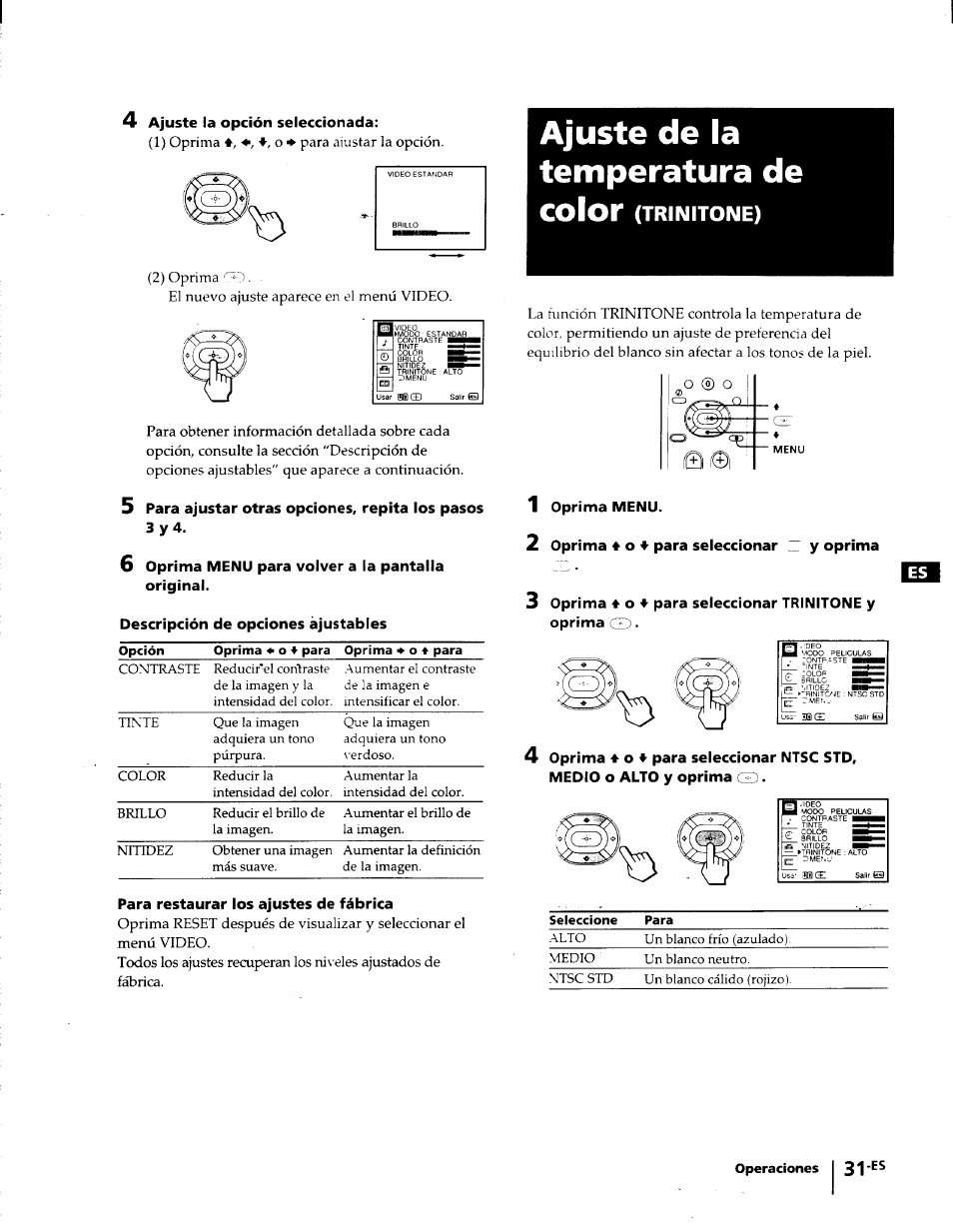 6 oprima menu para volver a la pantalla original, Descripción de opciones ajustables, Para restaurar los ajustes de fábrica | Ajuste de la temperatura de, Color (trinitone), 1 oprima menu, 2 oprima ♦ o a para seleccionar ~ y oprima, Ajuste de la temperatura de color, Trinitone), Oprima menu | Sony KP-53V75 User Manual | Page 80 / 100