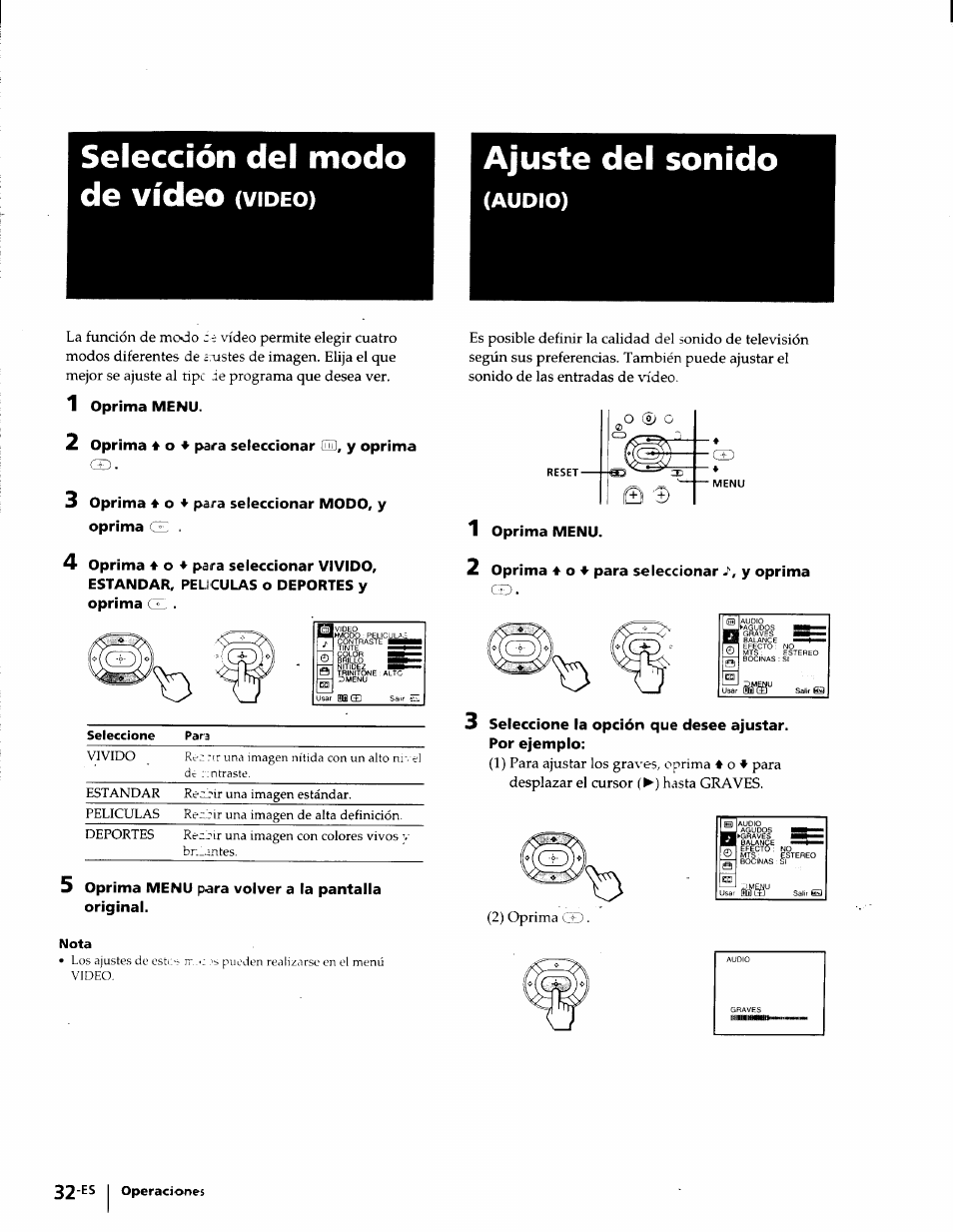 Selección del modo de vídeo (video), Ajuste del sonido, Audio) | Selección del modo de vídeo, Video, Nota | Sony KP-53V75 User Manual | Page 81 / 100