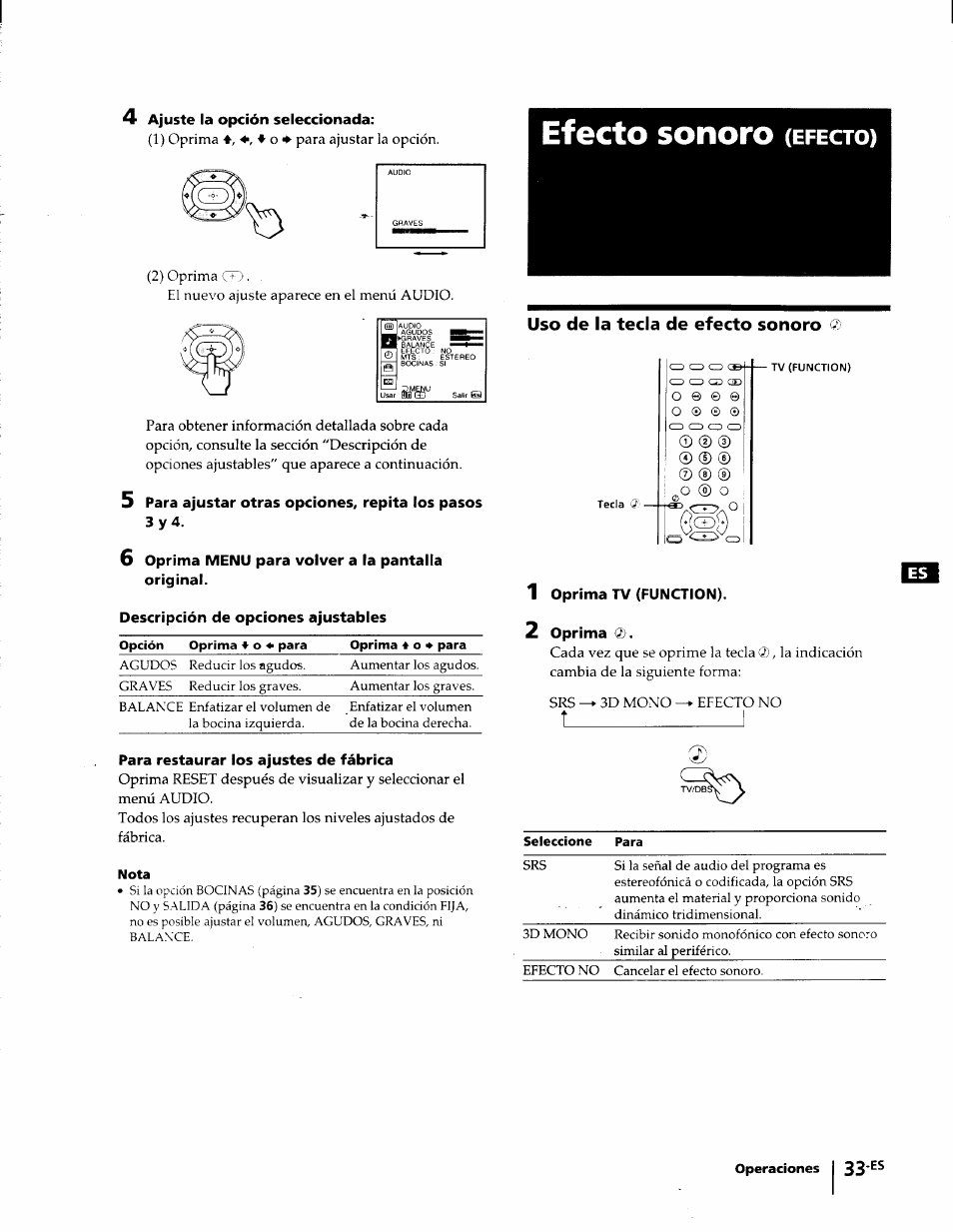 Efecto sonoro (efecto), 6 oprima menu para volver a la pantalla original, Descripción de opciones ajustables | Para restaurar los ajustes de fábrica, Uso de la tecla de efecto sonoro, 1 oprima tv (function), 2 oprima 0), Efecto sonoro, Efecto, Nota | Sony KP-53V75 User Manual | Page 82 / 100