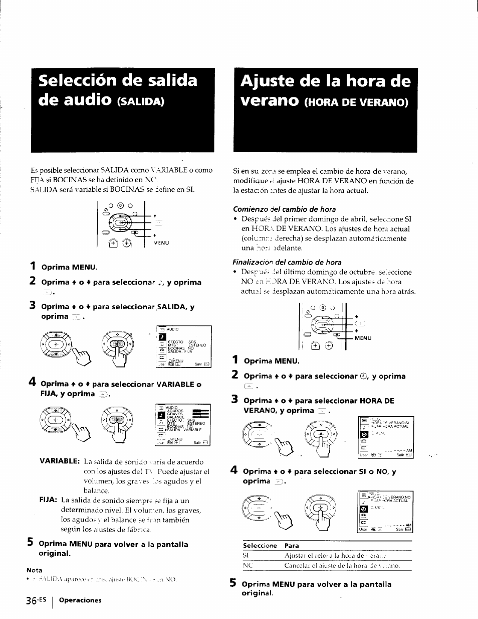 Selección de salida de audio (salida), Ajuste de la hora de verano (hora de verano), Selección de salida de audio | Ajuste de la hora de verano, Salida, Hora, Verano | Sony KP-53V75 User Manual | Page 85 / 100