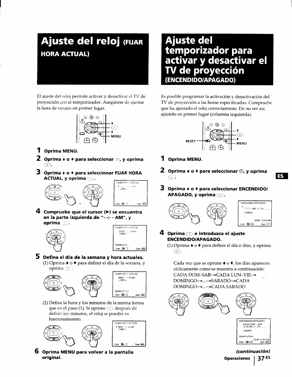 Encendido/apagado), Ajuste del reloj, Hora actual) | Fijar | Sony KP-53V75 User Manual | Page 86 / 100