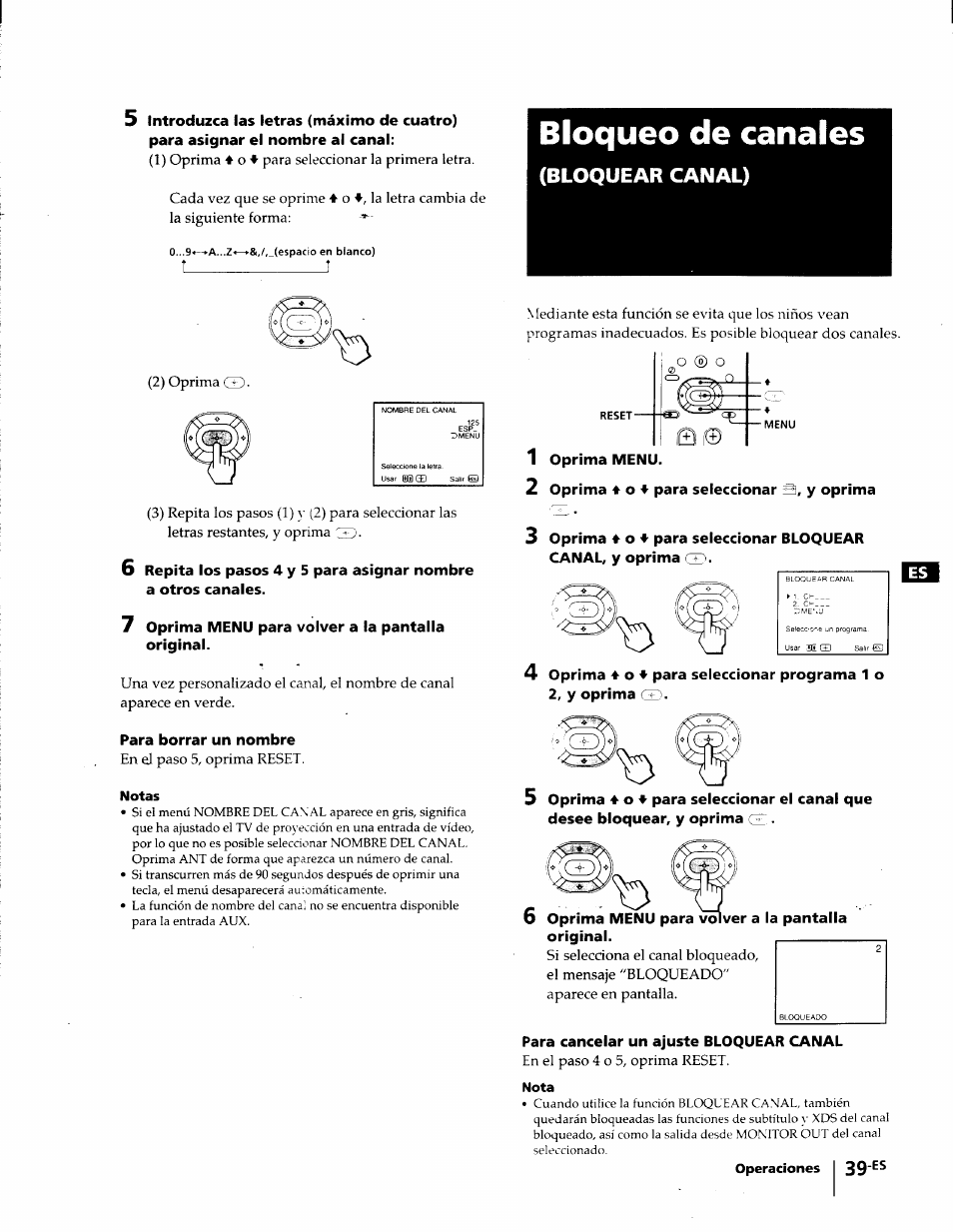 Bloqueo de canales, Bloquear canal), Î_____________ i | Notas, Nota | Sony KP-53V75 User Manual | Page 88 / 100