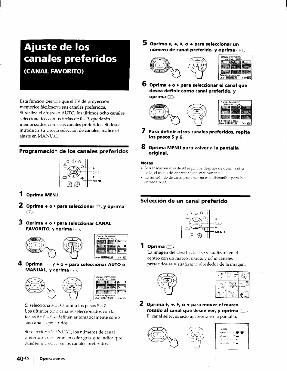 Ajuste de los canales preferidos, Canal favorito), Programación de los canales preferidos | Selección de un canal preferido, Ez3ez3fz5, Notas | Sony KP-53V75 User Manual | Page 89 / 100