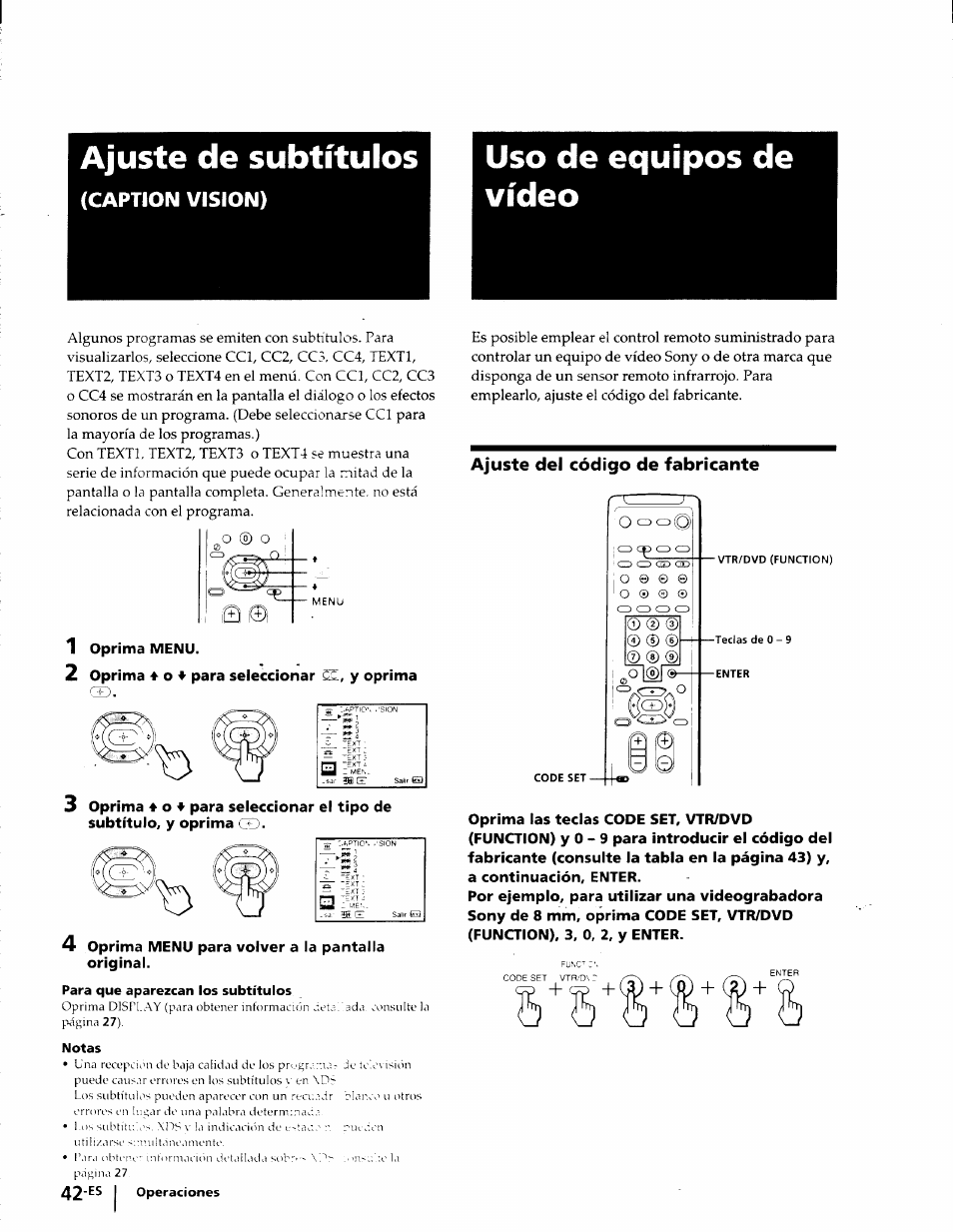 Ajuste de subtítulos, Caption vision), Uso de equipos de vídeo | Ajuste del código de fabricante | Sony KP-53V75 User Manual | Page 91 / 100