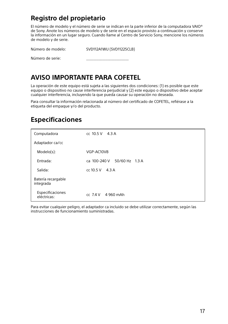 Registro del propietario, Aviso importante para cofetel, Especificaciones | Sony SVD112290X User Manual | Page 17 / 32