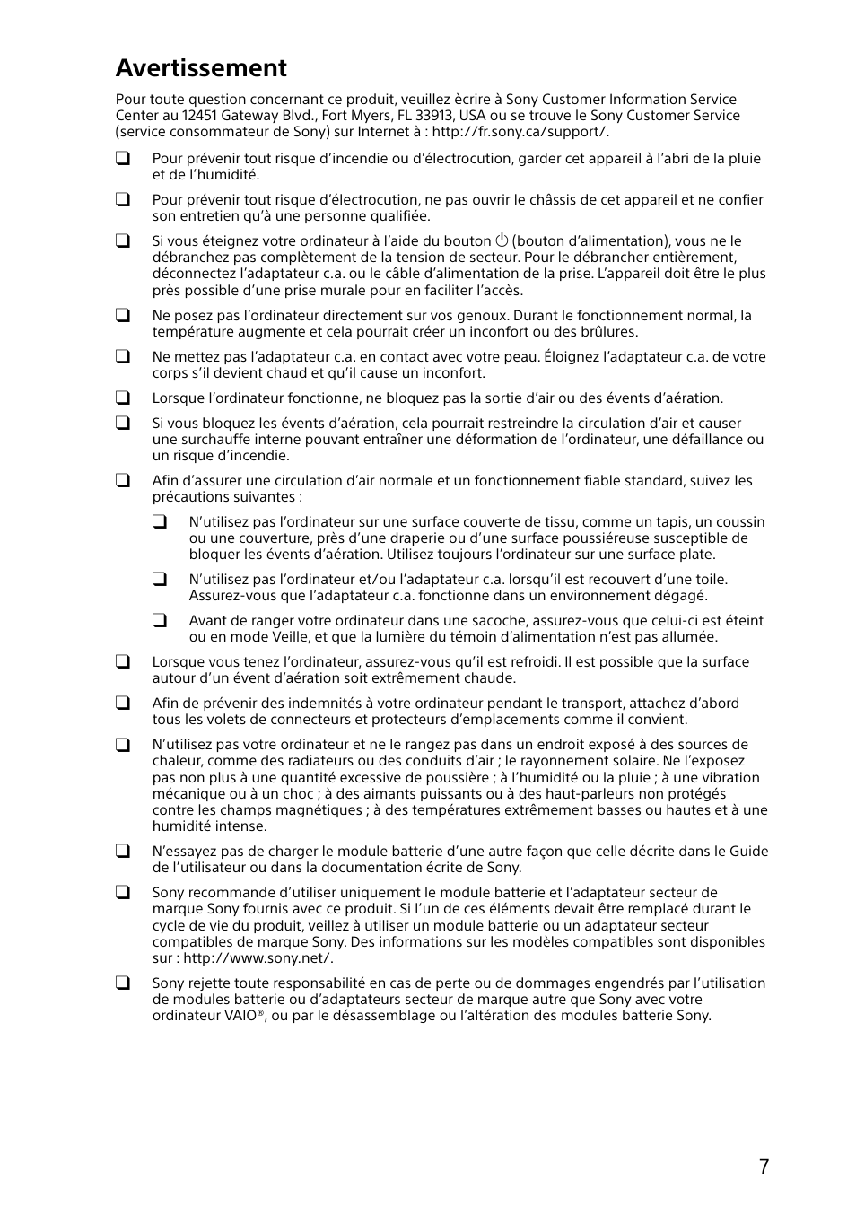 Avertissement | Sony SVD112290X User Manual | Page 7 / 32
