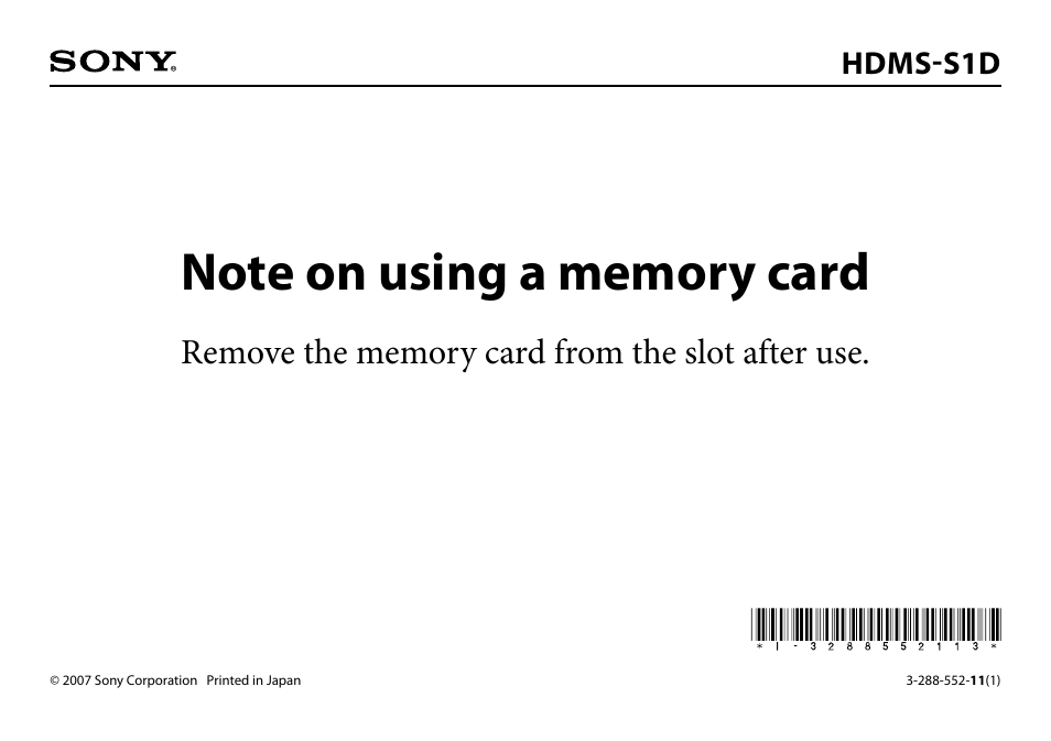 Sony HDMS-S1D User Manual | 1 page